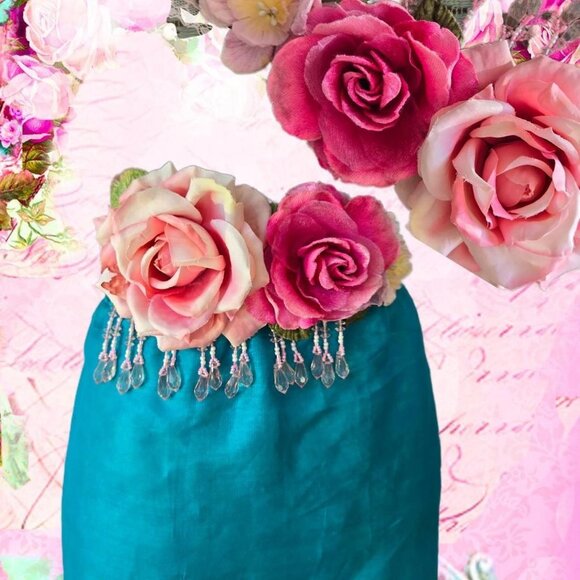 Ethereal Romance | Pink | Sash | Vintage Millinery Roses and Beaded Fringe Belt - Picture 1 of 8